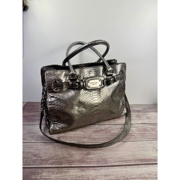 MICHAL KORS Large Hamilton Gray Luxury Embossed Leather Satchel Shoulder Bag - Picture 1 of 17